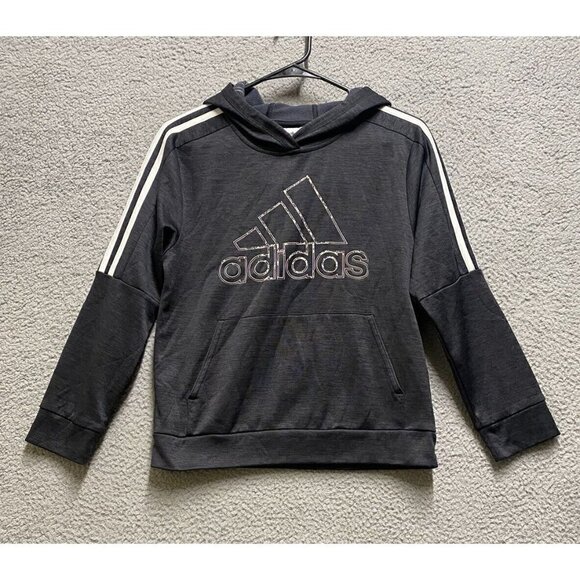 Adidas Sweatshirt Unisex M 10/12 Grey Pullover Hoodie  White Logo - Picture 1 of 6
